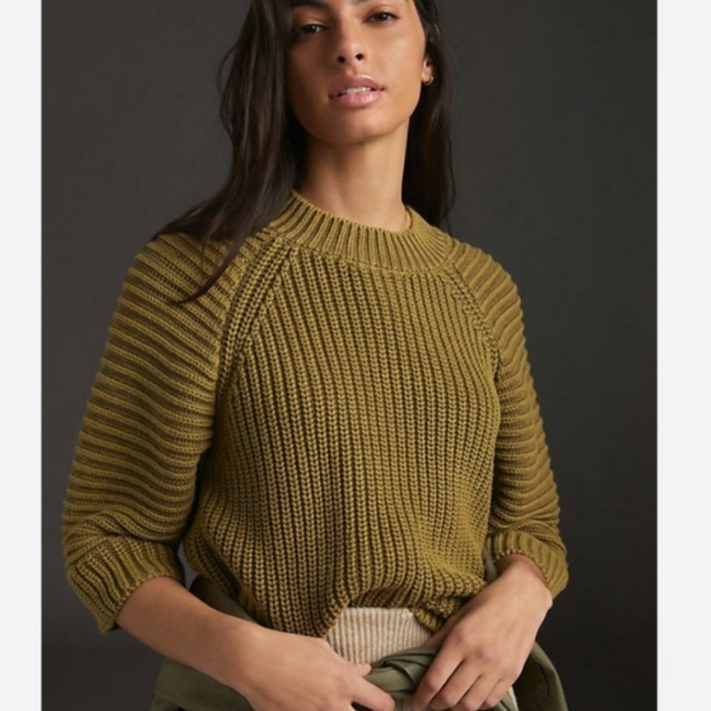 Anthropologie Maeve Mackenzie Green Chunky Knit 3/4 Sleeve Sweater Size XS - Picture 1 of 6